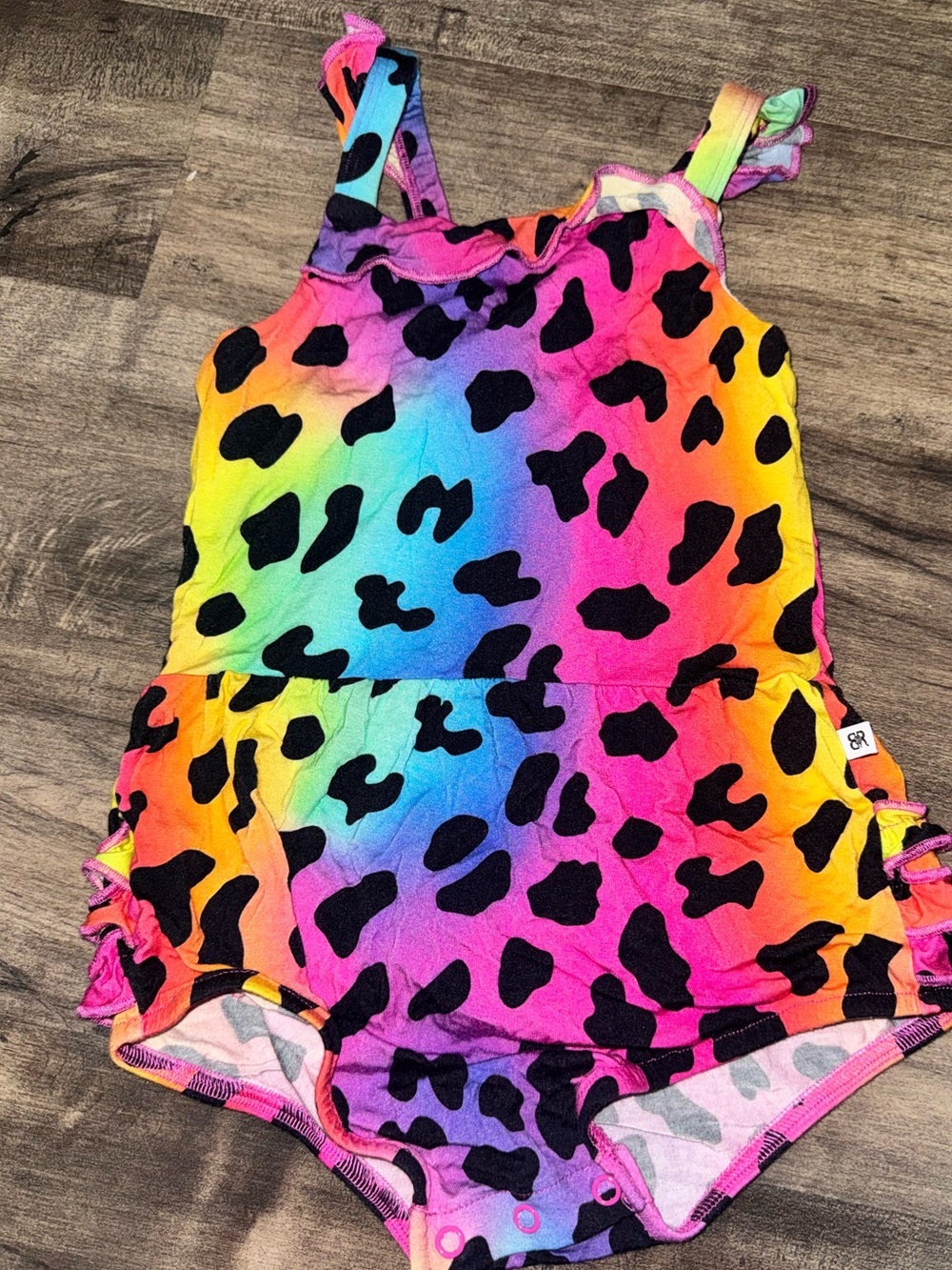 Bums & Roses Bamboo Ruffle Butt Romper Rainbow Leopard 2T - Picture 2 of 8